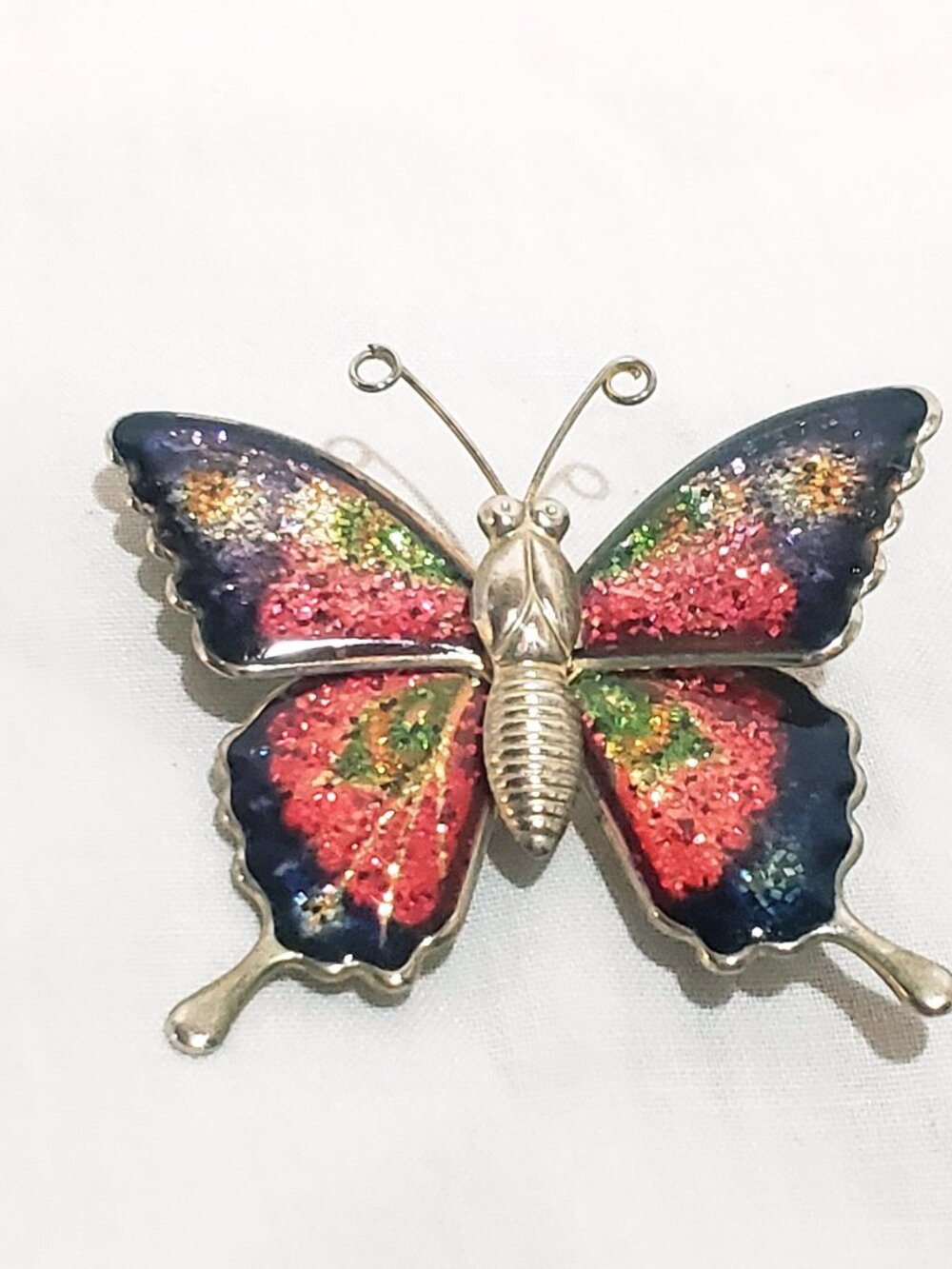 Butterfly Glitter Blue Pink Green Metal Brooch Pin 1.5" Vintage Interpur Taiwan